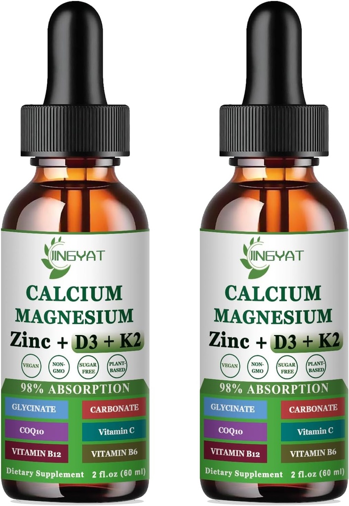 Kalsium Magnesiumsinkkinestetippa, nestemäinen magnesiumglusinaatti 500 mg kalsium 1000 mg D3,K2,B6,B12,Coq10,6X vahvempi kuin Gummie-kapselit (2 pakkaus)