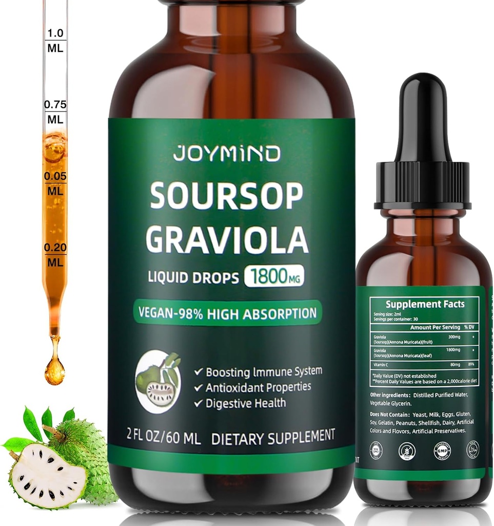 Graviola Soursop Leaf Extract Liquid - Soursop Bitters Liquid, Immuuni Boost, rentoutua, maksa ja uni, vegaaninen, sokeri & gluteeniton, 98% Imeytyminenaste, luonnollinen maku, 2 kuukauden tarjonta 60ML
