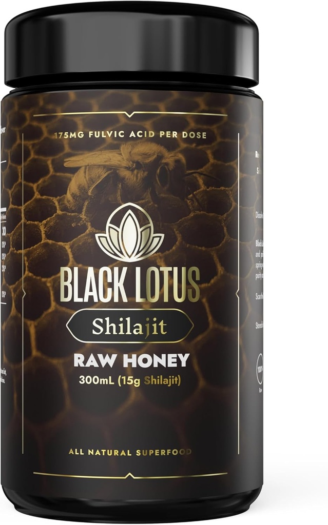 Black Lotus Pure Shilajit Resin Raw Honey Liquid Tincture, 300ml, 100% ren naturlig Shilajit för män och kvinnor, Aminosyror, 175mg Fulvic Acid, 85 Ionic Trace Minerals, För immunstöd, Fokus, Energi