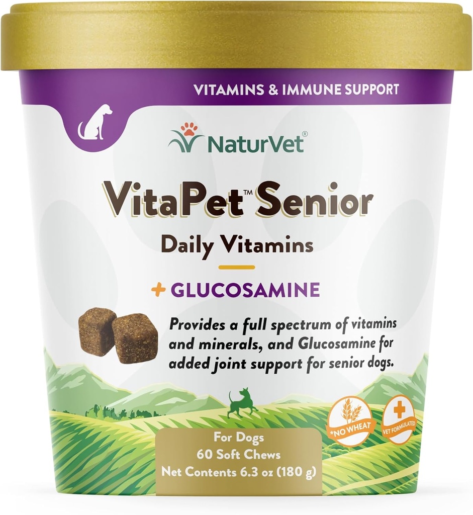 NaturVet VitaPet Senior Daily Vitamiinit Plus Glukosamiini koirille, 60 ct Soft Chews, Valmistettu Yhdysvalloissa maailmanlaajuisesti lähde ainesosia