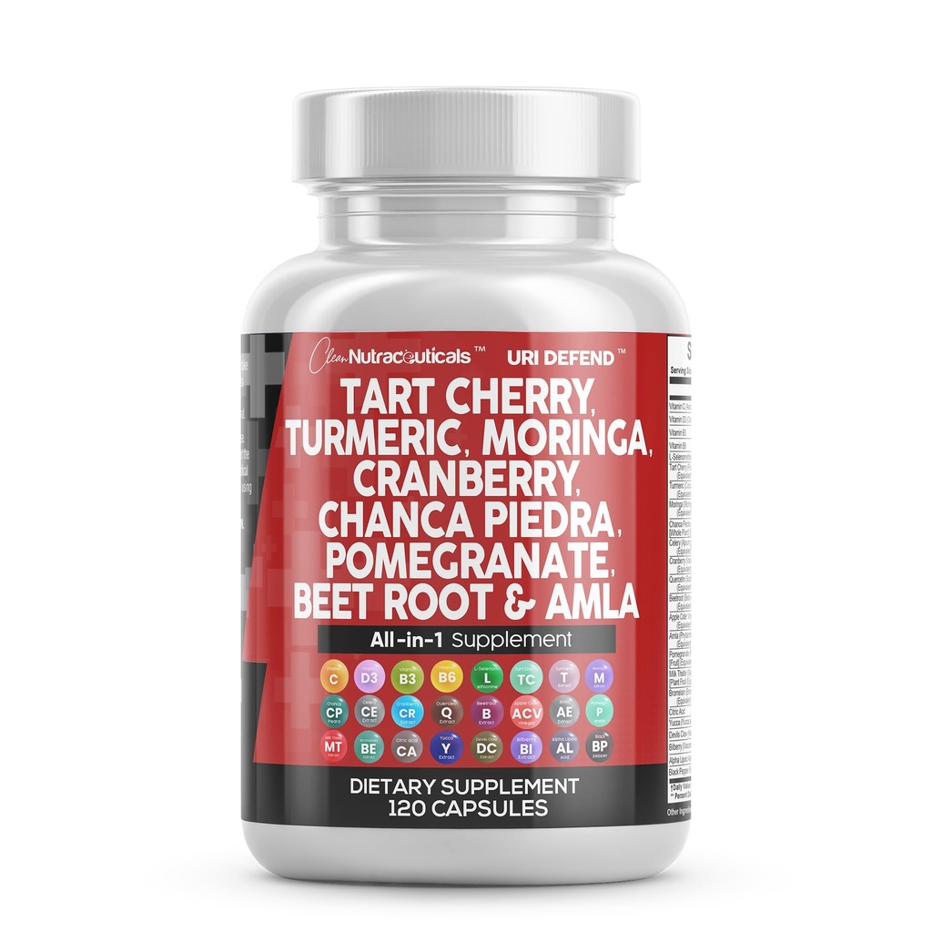 Clean Nutraceuticals Tart Cherry Extract kapselit Turmeric Moringa Cranberry Chanca Piedra Selleri Quercetin ACV Granaattiomena L Selenometioniini - Uric tasot - 120 Ct