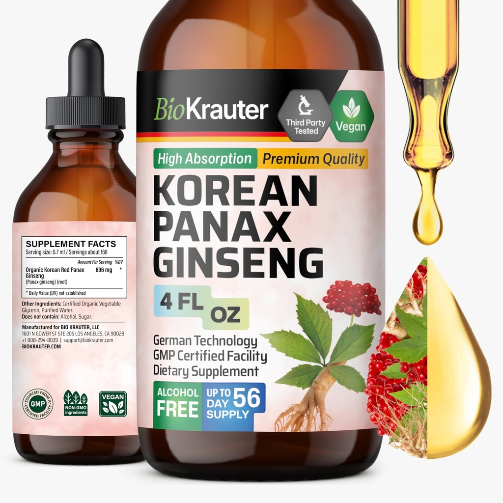BIO KRAUTER Korean Red Ginseng Extract Liquid - Alkoholiton ja sokeriton Panax Ginseng Supplement - Vegan Immuuni Support Supplement - 4 Fl. Oz.