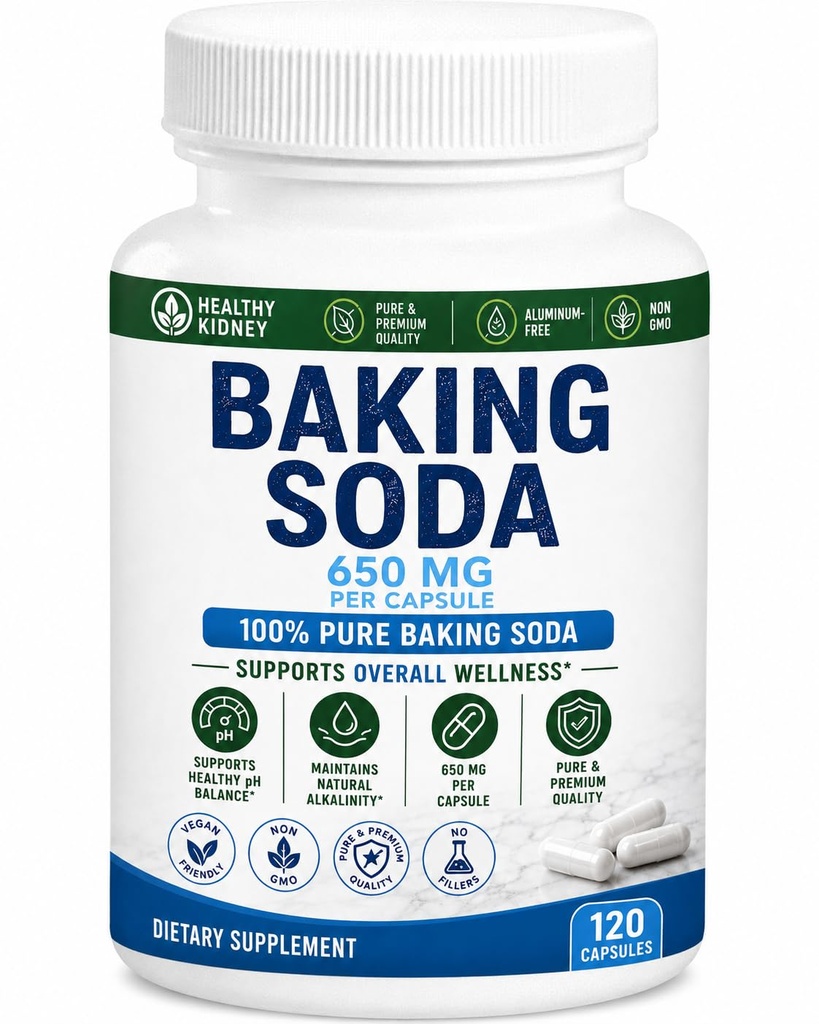 Natural Baking Soda kapslar - 650mg Baking Soda tabletter för njur & magsyra - Natriumbikarbonatpiller, bikarbonat av Soda, Bicarbonato de Sodio para Tomar, Natrium Bikarbonat 650 mg tabletter