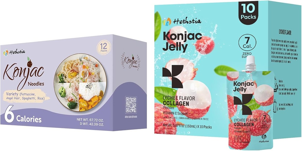 Hethstia Konjac Jelly Lychee Flavor with Collagen Peptides 10 Packs and Konjac Noodles Lajike Gluteeniton 12 Packs Low Calorie, Keto, Sokeriton, Terveellinen Ruoka