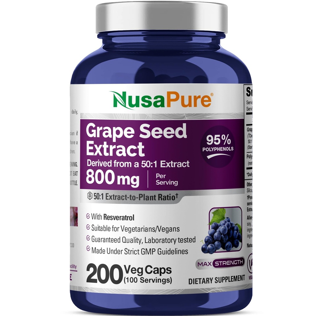 NusaPure Grape Seed Extract 40,000mg per Caps, 200 vegan kapselit, Standardoitu, ei-GMO, Gluteeniton, Resveratrol