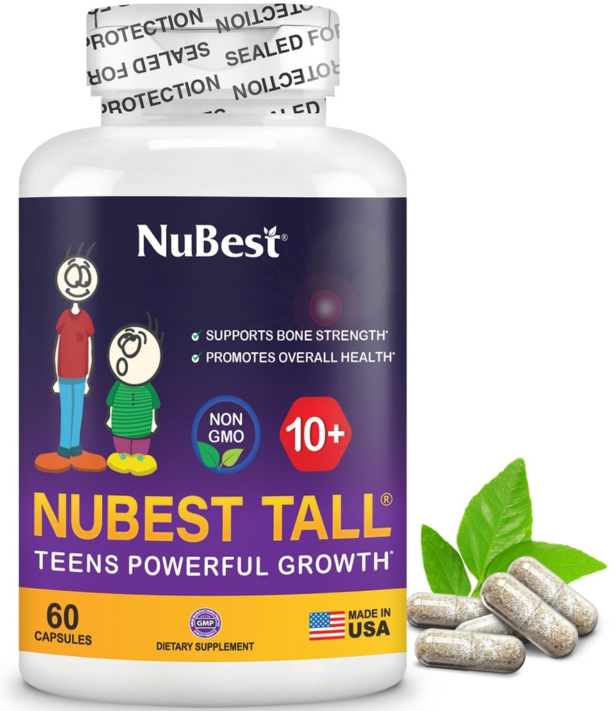 NuBest Tall 10+ Premium Bone Strength Formula, parannettu immuniteetti ja yleinen terveys yli 10 vuotta kalsiumin, D3-vitamiinin, K2-vitamiinin ja monivitamiinit ... 60 kapselia 1 kuukauden tarjonta