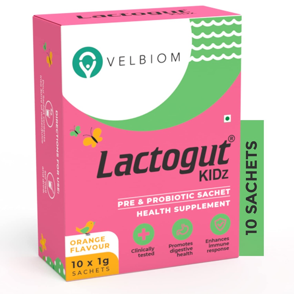 Lactogut Kidz Probiotics Powder för barn lätt att konsumera probiotika för barn tarmhälsa, övergripande välbefinnande och immunitet Vegan kliniskt bevisad - 1Gx10 Sachets (Orange smak)