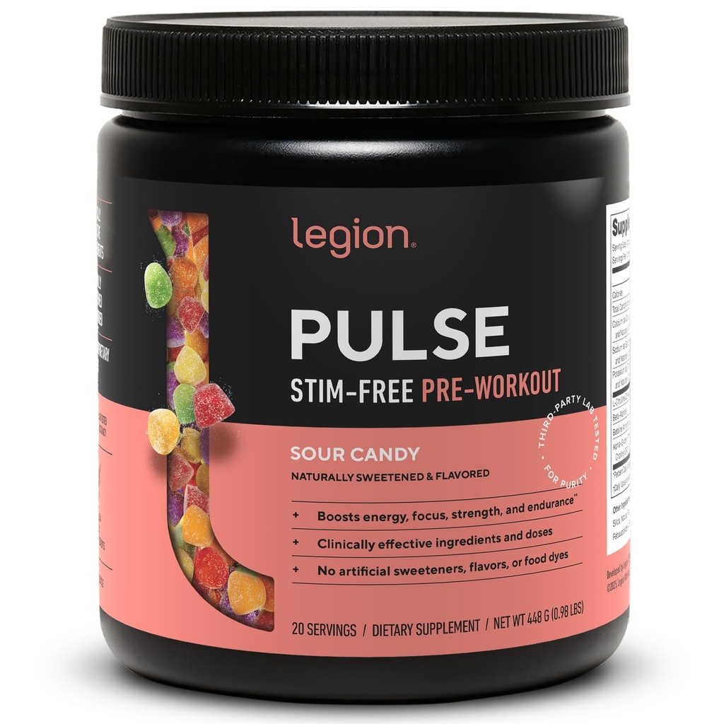 LEGION Pulse Pre workout täydentää - Kaikki luonnon typpioksidia esitreenata Drink to Boost Energy, Creatiini ilmaiseksi, luonnollisesti makeutettu, Beta Alanine, Citulline, Alpha GPC (kofeiiniton Sour Candy)