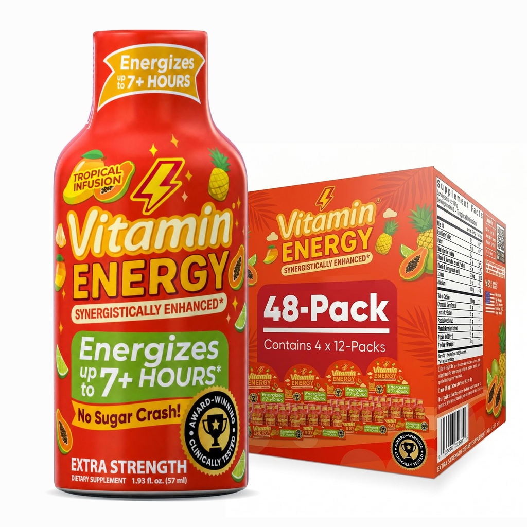 Vitamiini Energy Focus+ Extra Strength Energy Shot Trooppinen infuusio 48 pakkaus, 260 mg luonnollinen kofeiini, B-vitamiinit, CoQ10, Aminohapot, tarkennus, tuottavuus ja selkeys, nollasokeri, gluteeniton, 1,93 fl oz