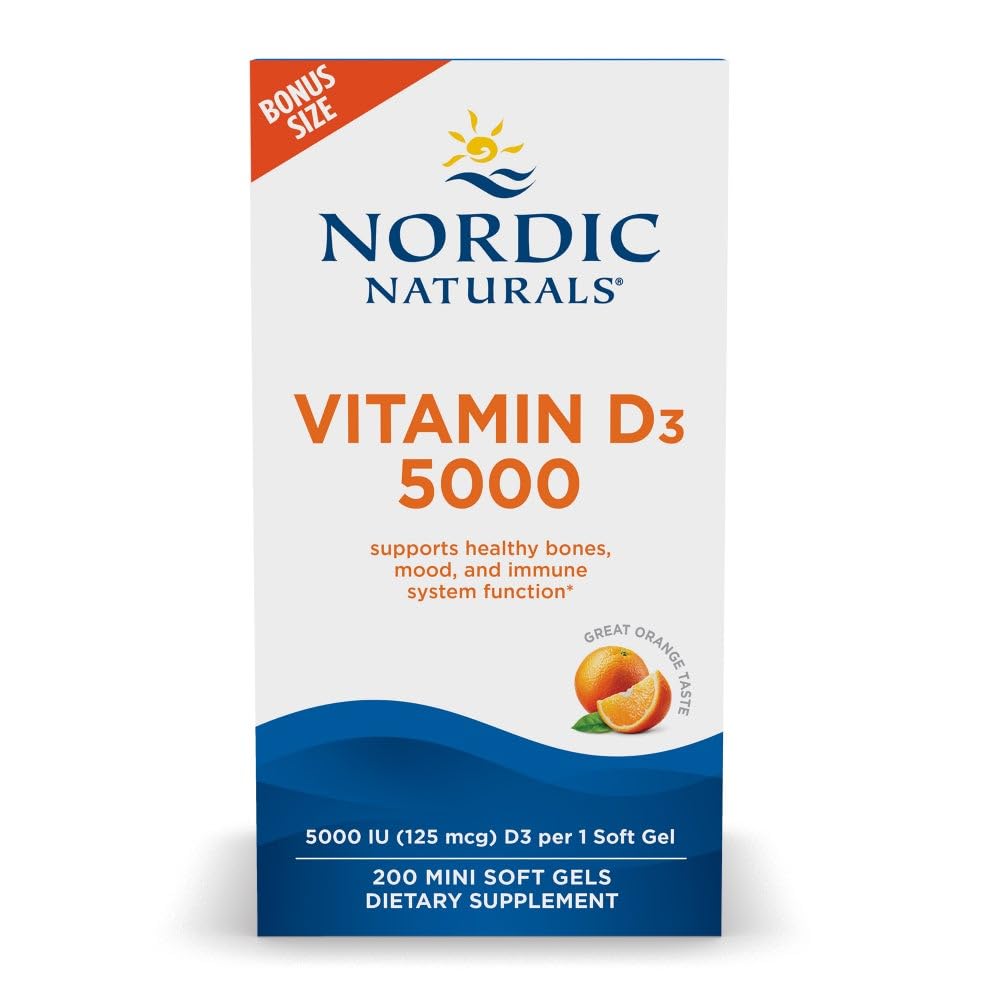 Nordic Naturals Vitamin D3 5000, Orange - 200 Mini Soft Gels - Stöd för friska ben, humör och immunsystem - Vegetarian - Non-GMO - 200 portioner