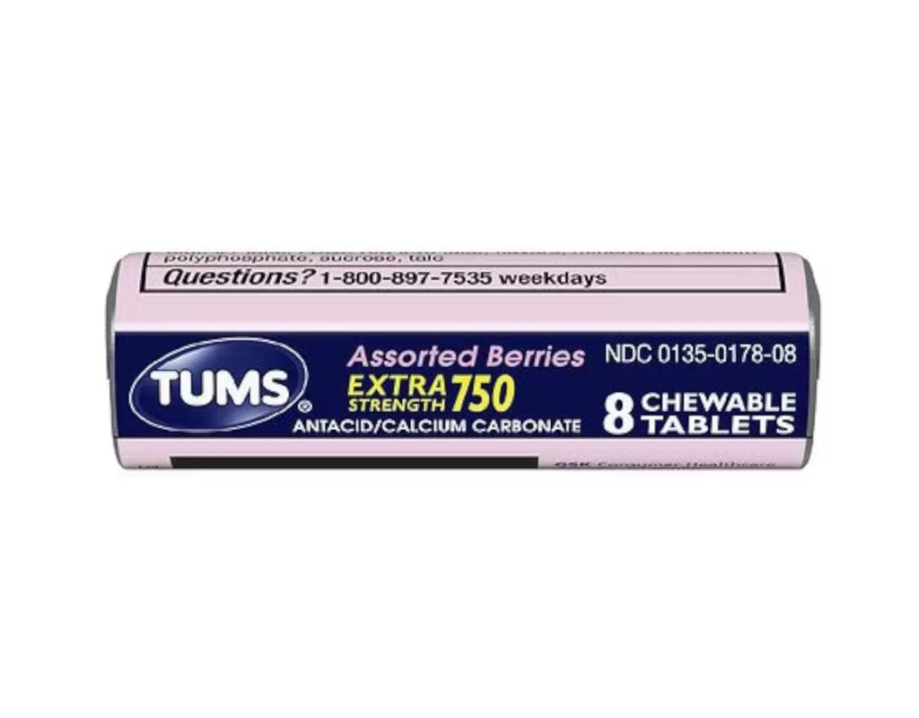 Tummit Extra Strength 750 antasidia kalsiumlisän kanssa Kalsiumia Rich assorted Marjat Maustettu - 24 taskun koko rullaa 8 purutablettia Jokainen rulla (192 purutablettia Yhteensä)