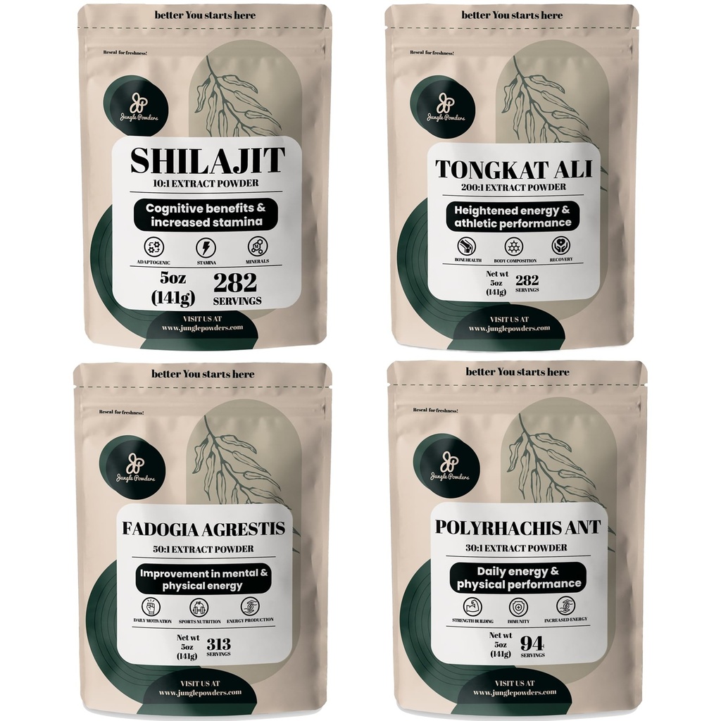 Jungle Powders Herbal Powders Bundle - Shilajit Powder, Tongkat Ali Men Powder, Black Ant Extract Powder, Fadogia Agrestis Extract for Men Supplement