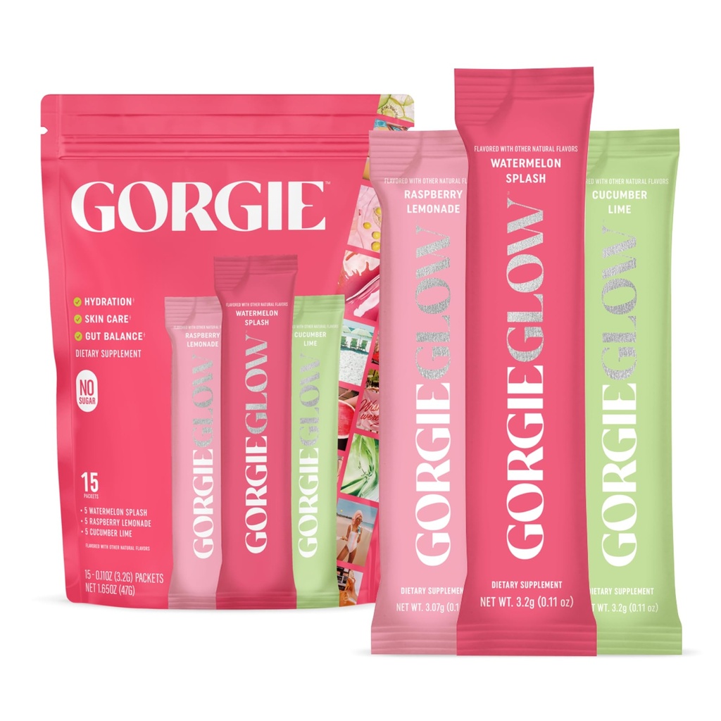 GORGIE Glow Variety Pack 15 Sticks, Electrolyte Powder Terveellinen juoma Mix, w/Hyaluronic Acid, Aquamin, C-vitamiini & D, Probiootit, Ei sokeria, hapettumisenestoaineet Hydraation, ihonhoito, ja Gut Balance