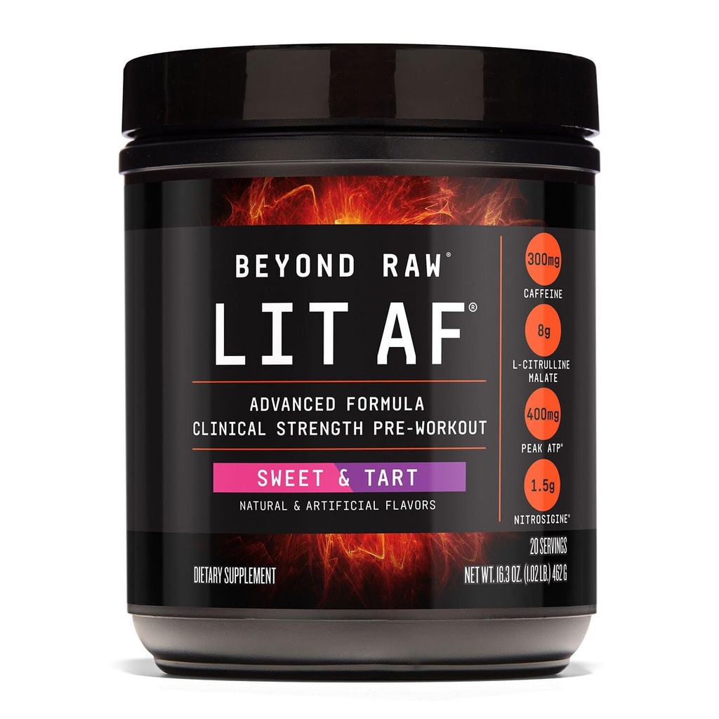 BEYOND RAW LIT Advanced Pre Treenout Formula, Sweet and Tart, energia, Focus, Endurance, Pumps, 300mg Nopea ja kohdennettu julkaisu Kofeiini, Creatiini, Betaine, Beta Alanine, Tauriini, 20 tarjoilut