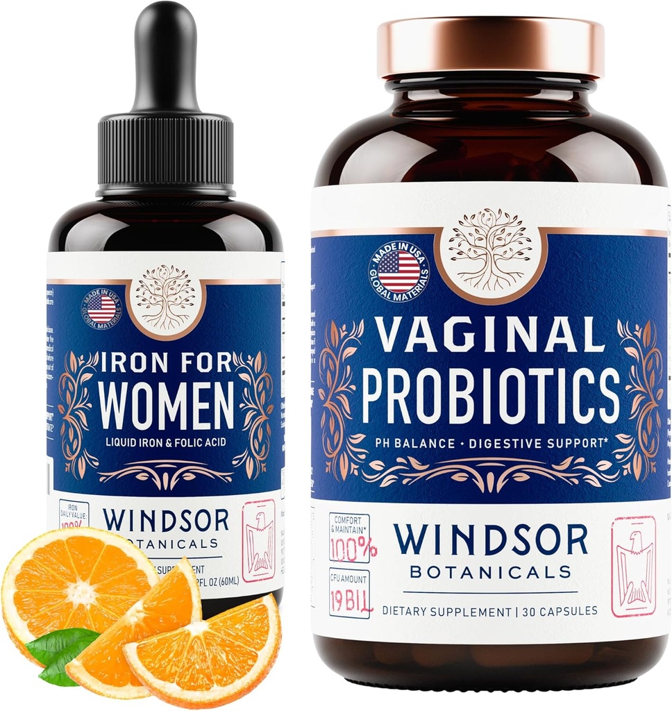 WINDSOR BOTANICALS emättimellinen probiootit ja nestemäinen rauta täydentää naisten terveyden tuki Bundle