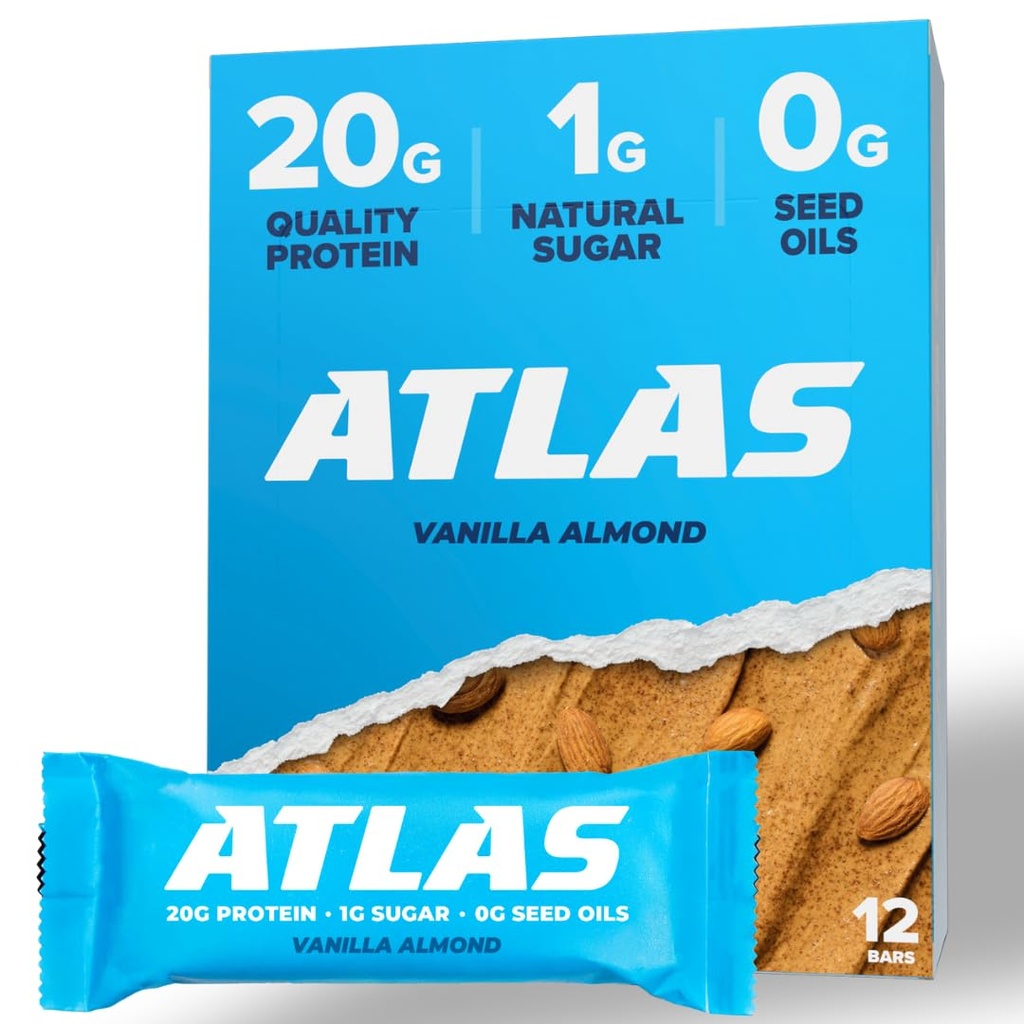 Atlas Protein Bar, 20g Protein, 1g Sugar, Clean Ingredients, Gluten Free, Vanilla Almond (12 greve, paket av 1)