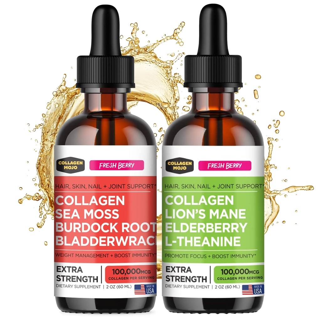 Collagen Mojo Liquid Collagen Peptides with Sea Moss, Bursock Root & Blackderwrack + Lions Mane Mushroom, Elderberry & L-Theanine