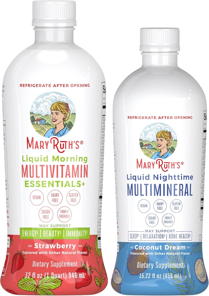 MaryRuthin nestemäinen aamun monivitamiini (mansikka) & nestemäinen yöajan multimineral (Coconut, 15oz) 