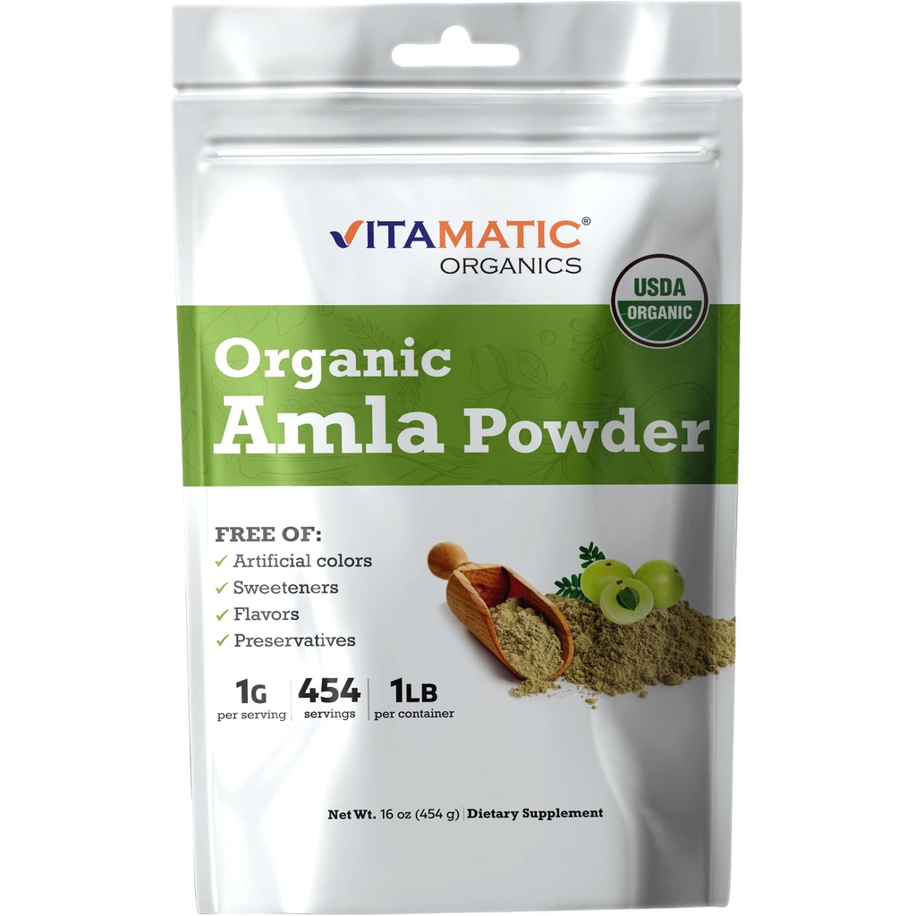 Vitamatic Certified USDA Organic Amla Berry Powder - 1 lb (16 oz) Amalaki | Rik i naturlig vitamin C & Antioxidanter | Stöder immunhälsa | Glutenfri, icke-GMO, Kosher
