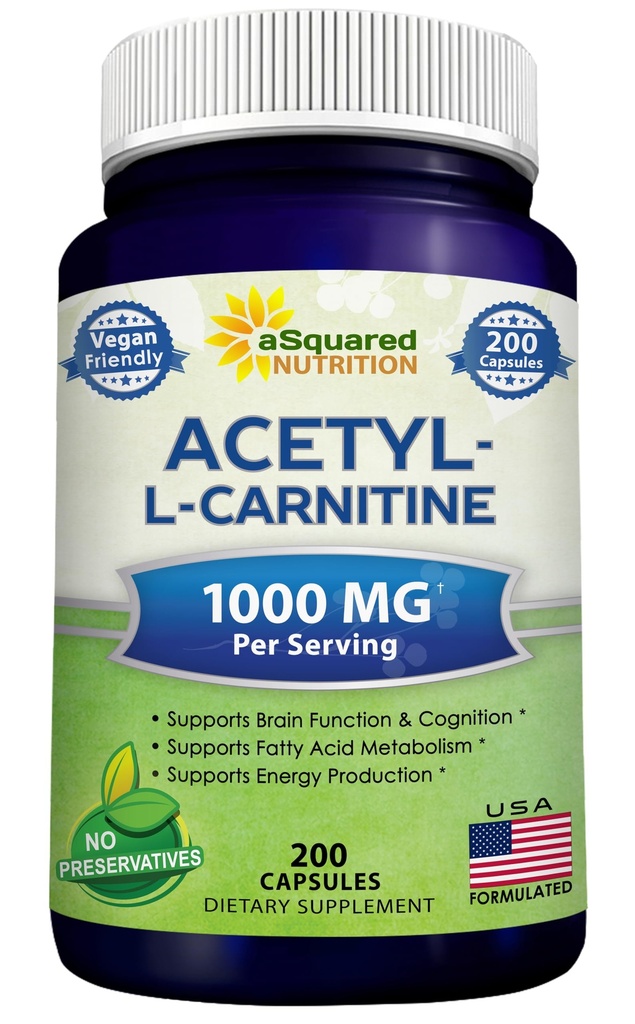 aSquared Nutrition Acetyl L-Carnitine 1000mg Max Strength - 200 Veggie Capsules - High Dosage Acetyl L Carnitine HCL (ALCAR) Supplement Pills för att stödja ren energi, hjärnfunktion och fettsyra