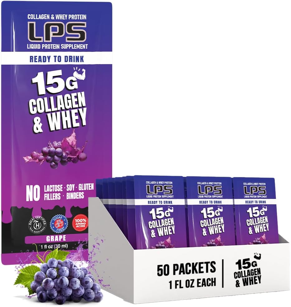 Nutritional Designs LPS Liquid Collagen & Whey Protein Supplement - Ei-GMO Drink, Sokeriton - edistää terve iho & hiukset miehille ja naisille, viinirypäle, Single Serve (50 Packets)