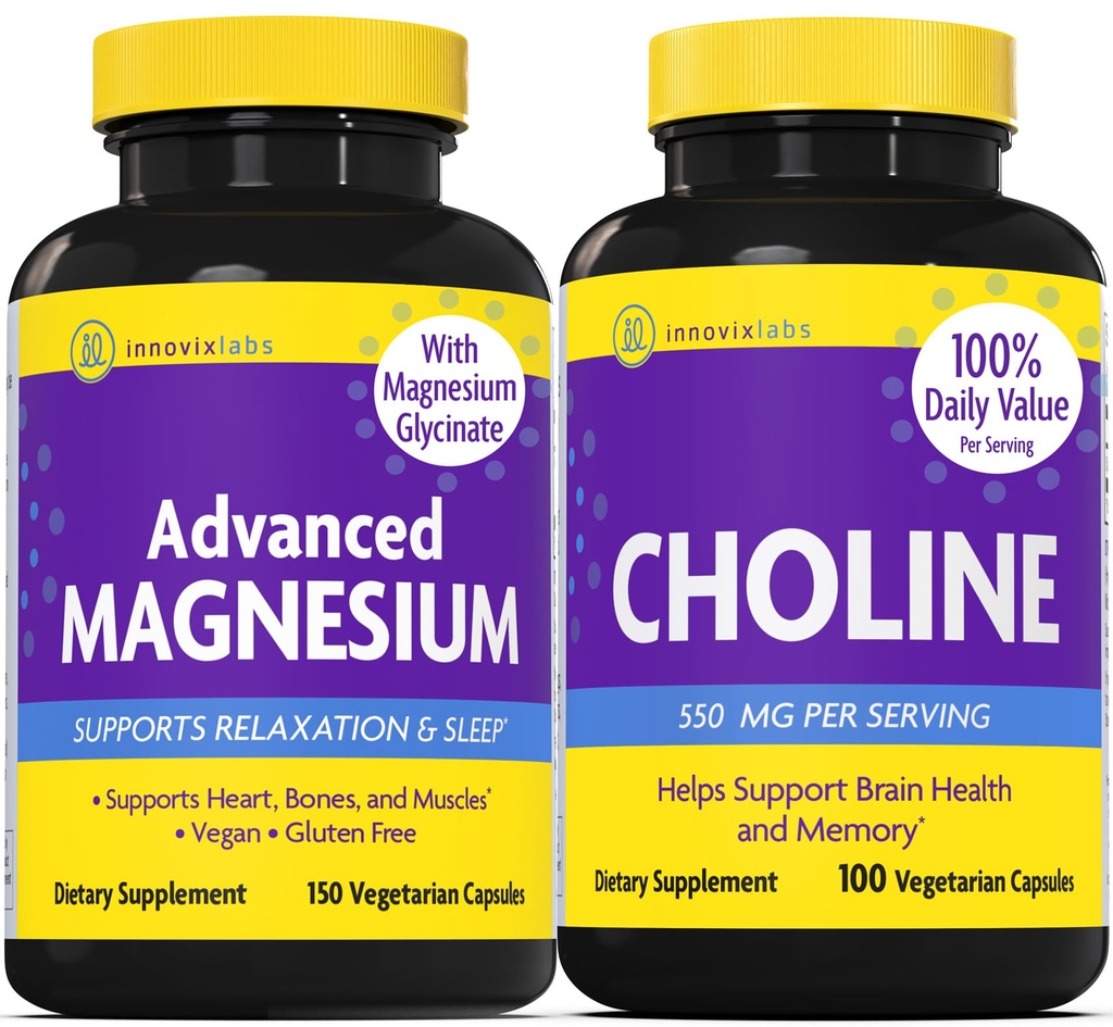 InnovixLabs Koliini & Magnesium Bundle Koliinibitartraatti 550 mg (100 kapselia) Advanced Magnesium (150 kapselia). Tukee muistia, mielialaa, aivoterveyttä ja kognitiivisuutta.*