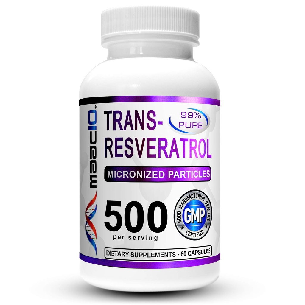 MAAC10 Trans Resveratrol 500 mg Supplement (Micronized Pharmaceutical Grade 99% Pure Trans-Resveratrol Extract + BioPerine for Superior Imeytyminen) (2X 250 mg kapselit 60ct)