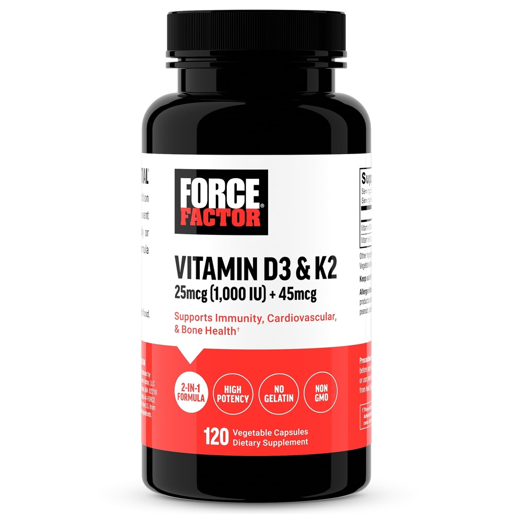 FORCE FACTOR D3 K2 -vitamiinin tukemiseksi immuniteetin, sydämen terveyden, luun tuen ja enemmän, High-Potency 2-in-1 Formula, Vegan, Ei liivate, ei-GMO, 120 kapselia