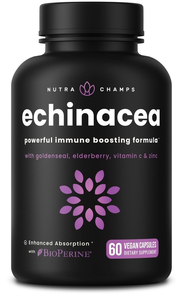 NutraChamps Echinacea Capsules 1000mg - 8-i-1 Immune Support Supplement - Echinacea Goldenseal, Vitamin C, Zink, Ginger, Elderberry - 60 kapslar