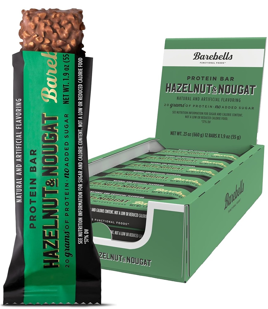 Barebells Protein Bars Hazelnut & Nougat - 12 greve, 1,9oz Bars - Protein Snacks med 20g hög protein - Chocolate Protein Bar med 1g Total Sugars - På Go Protein Snack & Breakfast Bars