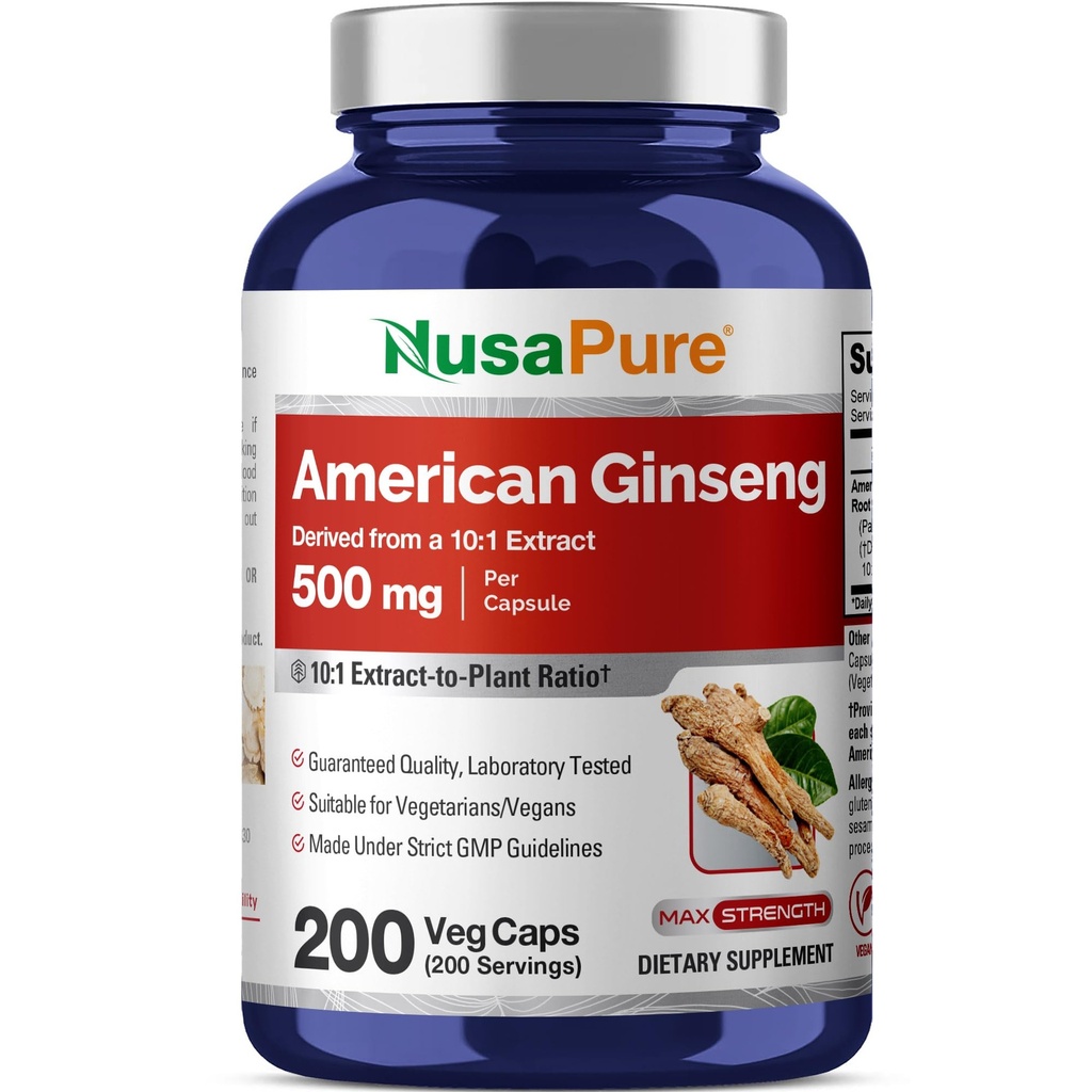 NusaPure American Ginseng 10:1 Extract, 500 mg Equivalent till 5000mg - 200 Veggie Capsules (Vegetarian, Non-GMO, Vegan)