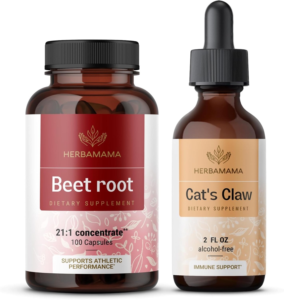 HERBAMAMA Beet Root and Cat's Claw Kit - Bundle of 21:1 Keskitä Beet Root and Cat's Claw Tincture 2 fl oz - Vegan, non-GMO, sokeria & alkoholiton - 2 pakkaus