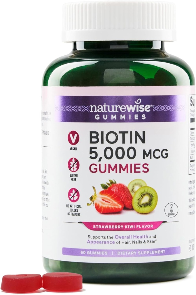 NatureWise Biotin Gummies - Stöder Hälsosamt hår, hud och starka naglar - Vitamin B7 5000mcg - Naturskönhet - Strawberry-Kiwi smak - Vegan, icke-GMO, Glutenfri - 60 greve
