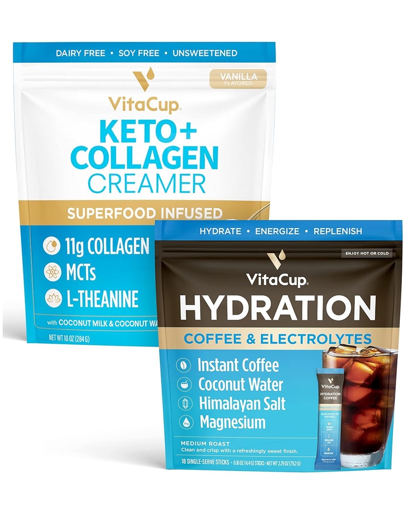 VitaCup Hydration Instant Coffee Sticks w/Electrolytes, Coconut Water, Medium Paisti 18ct & Keto + Collagen Vanilla Coffee Creamer w/Superfoods & MCTs, 10 oz