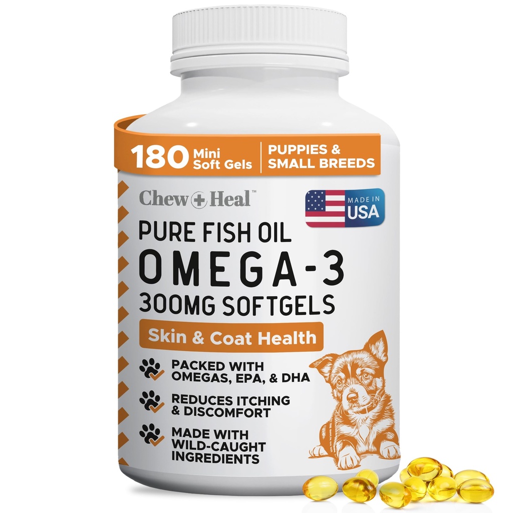 Wild Caught Omega 3 Fish Oil for Dogs - 180 Softgel Kapselit terveelle iholle ja takki - 300 mg Mini Dog Fish Oil Pillerit kuiviin, kuiva kutiseva iho ja kuumat kohteet - Pet Omega Salmon täydennysosa