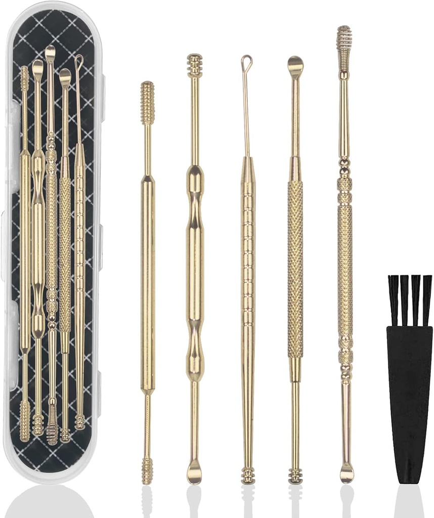 Hion 6 Pcs Extended Ear Wax Removal Kit, Professional Double-Headed Ear Pick Earwax Removal Tools,316L Stainless Steel Ear Cleaner Curette med rengöring av borst och lagringsbox,Suit for Kid Adult (guld)