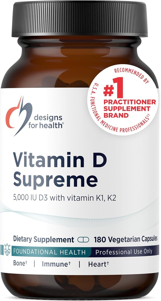 Designs for Health D-vitamiini Supreme - D-vitamiini 5000 IU ja 2000mcg K-vitamiini MK4 Bone Health, Heart Health, Mood & Immuuni tuki - D3-vitamiinia parannettu GG-lisä (180 kapselia)