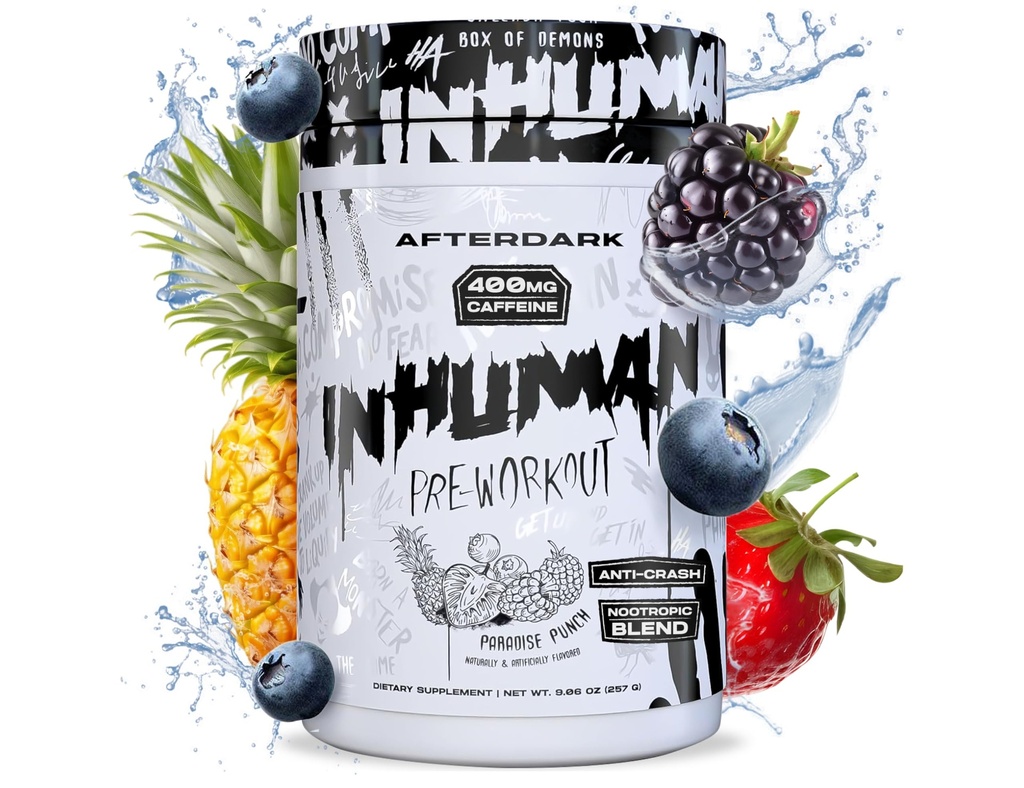 AFTERDARK INHUMAN Pre-Workout Powder, Förbättrad Mind-Muscle Connection, Sustained Energy, Potent Nootropic Blend, Vegan, Gluten-Free, Soy-Free, 400mg Koffein, No Crash, Paradise Punch