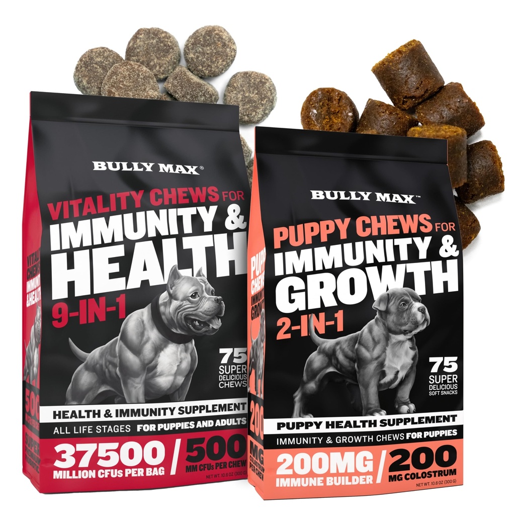 Bully Max Vitality Dog Chews ja pentu Soft Chews Bundle yhteensä tukea päivittäin vitamiineja pentuja ja aikuisten koirien . Mukaan lukien Immuuni, Joint, Iho, Takki, Digestion, ja kehitystuki