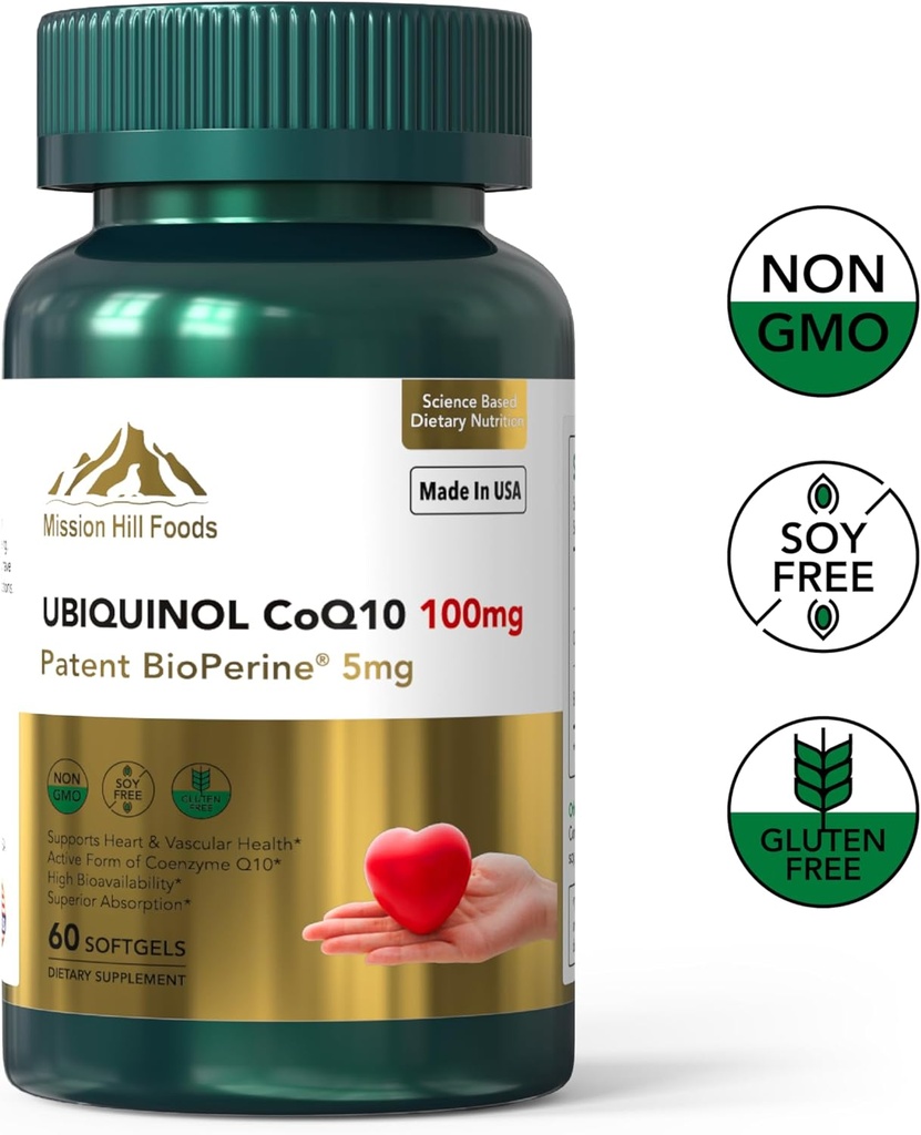 Premium Ubiquinol CoQ10 + BioPerine (100mg) | Antioxidant för hjärthälsa (1 flaska-60 Softgels-2mo Supply) | Hög Absorption Heart & Vascular Vitamins | Non-GMO & Gluten Free