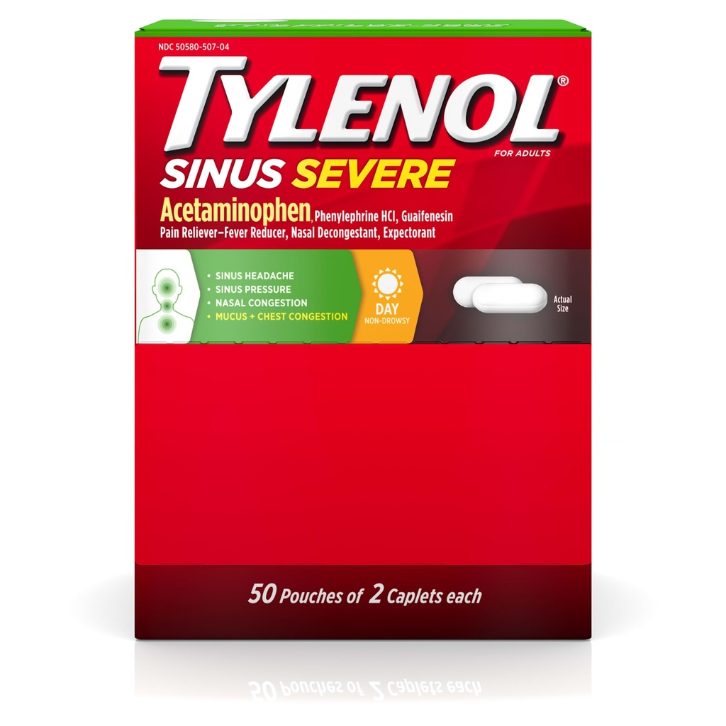 Tylenoli Sinus Vaikea päiväaika Caplets acetaminophen 325 mg, Guaifenesin 200 mg & Fenyyliefriini HCl 5 mg, non- Drowsy Pain Reliever, odottava & Nasal Decongestant, 50 2 t: n matkapakkausta