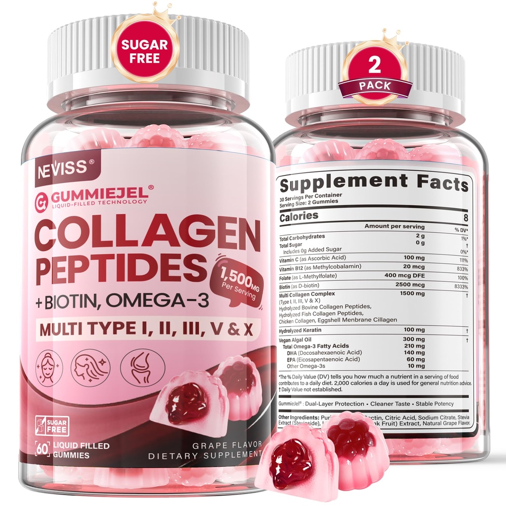 Hydrolyzed Collagen Peptides, Marine Gummies for Women, Multi Collagen tyyppi II III V & X hiusten kasvua, terve iho kynnet - Kollageeni Gummy w / hiukset vitamiinit Biotiini Keratin & D3, 120Cts