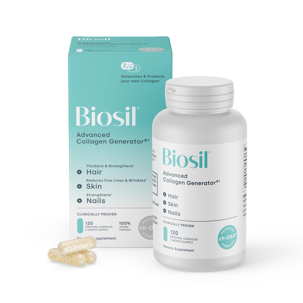 Biosil Collagen Booster Supplement - 120 Alkuperäinen kapselit - Patentoitu kjs-OSA Aktivatori ihon, hiusten, kynsien ja nivelten - Tukee luonnon tuotantoa - 60 päivän toimitus