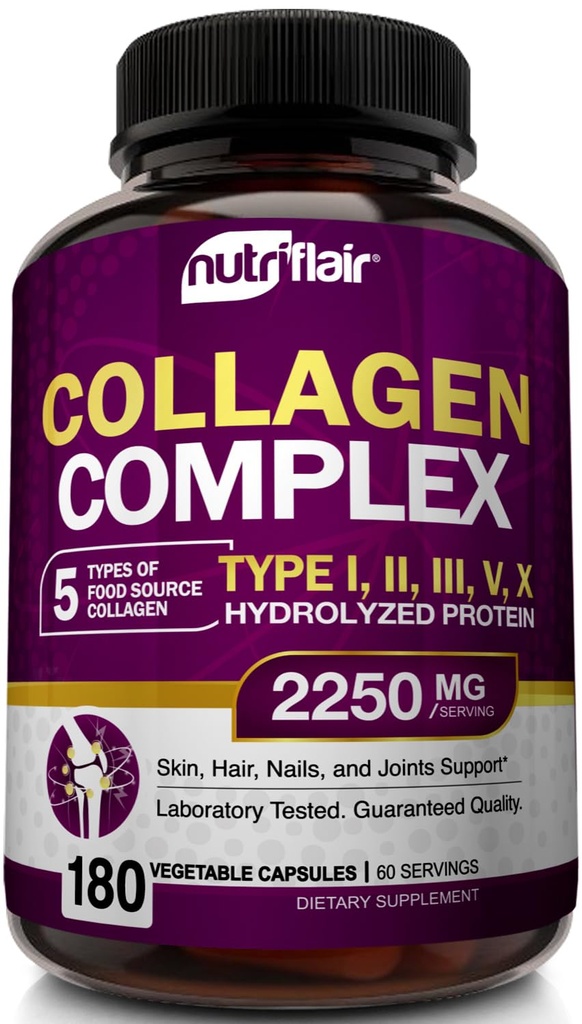 NutriFlair Multi Collagen Peptides 2250mg - tyyppi I, II, III, V, X - Collagen täydentää Complex Powder pillereitä naisille ja miehille - Hydrolysoitu proteiini, terveet hiukset, iho, kynnet - ei-GMO (180 kapselia)