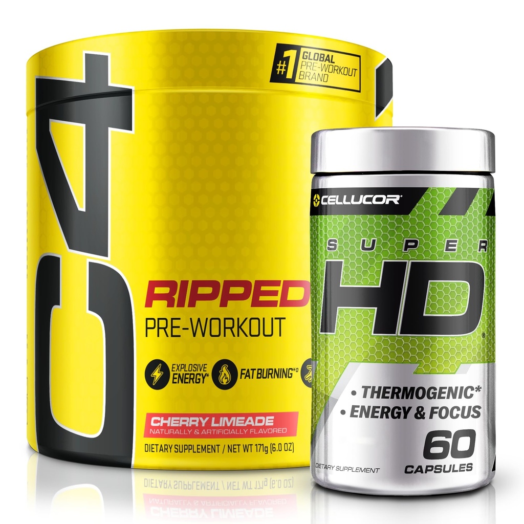 C4 Ripped & SuperHD, Thermogenic Bundle, C4 Ripped Pre Workout Powder, Cherry Limeade 30 Servings + SuperHD med Capsimax och Green Tea Extract, 60 Servings