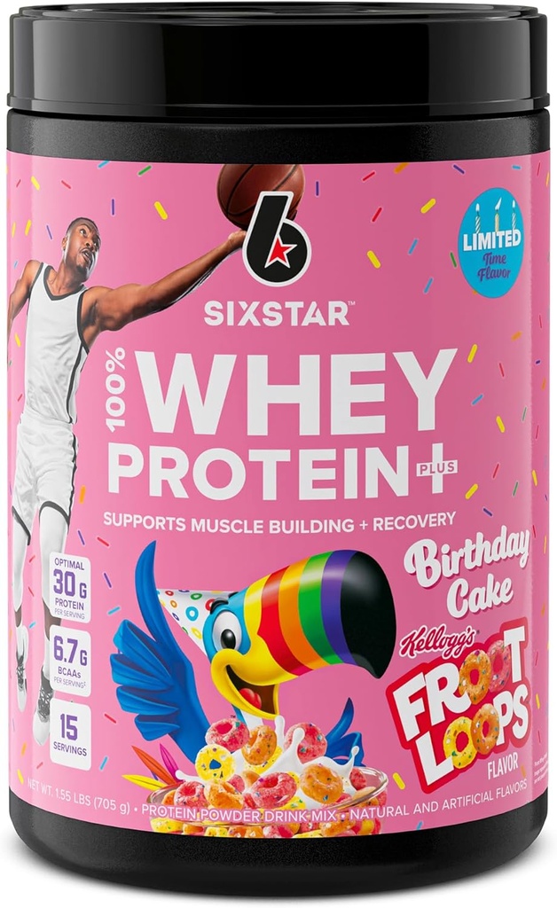 Sex Star Whey Protein Powder Plus | Muscle Building & Recovery Plus Immune Support | Muscle Builder för Män & Kvinnor | Kelloggs Froot Loops Födelsedag Cake Flavor | 1.5lb