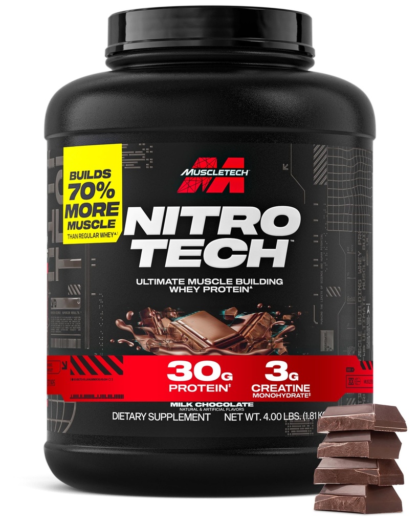 Lihastech Whey Protein Powder (Milk Chocolate, 4 punta) - Nitro-Tech Ultimate Lihas Building Formula Whey Protein Isolate - 30g proteiinia, 3g Creatiini & 6.8g BCAA - Pakkaus Toukokuu Vary