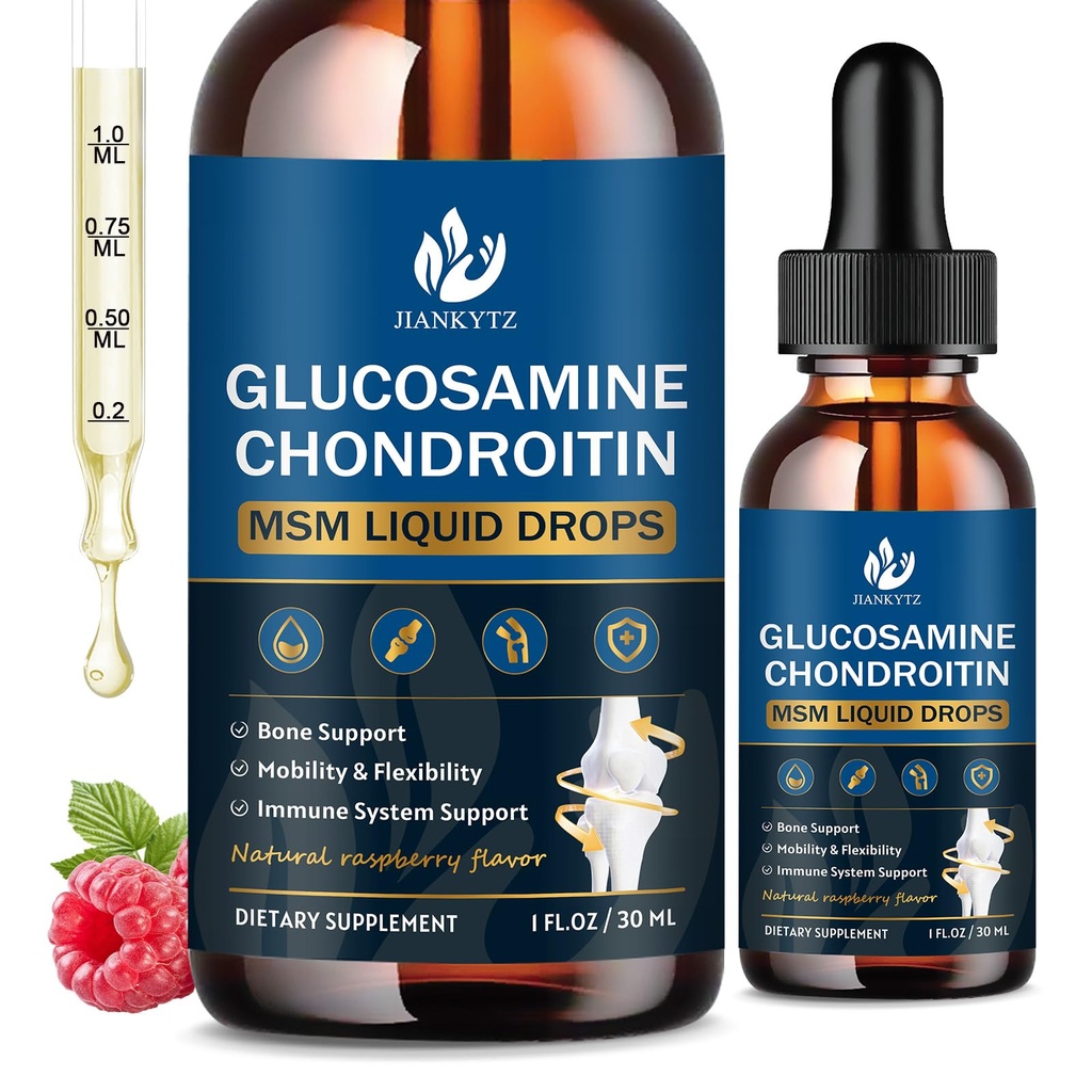 (2 pakkaus) Glukosamiini Chondroitin MSM Liquid Drops, suuri imeytyminen, antioksidantti, immuuni, luu tuki, MSM täydentää miesten ja naisten, vegaaninen, sokeriton, vadelma maku, 1 Fl Oz