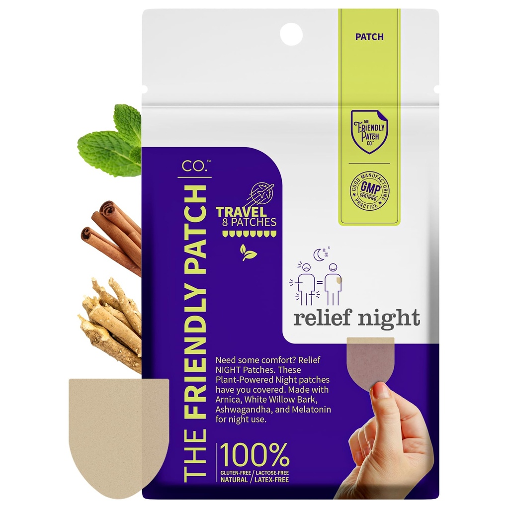 Relief Night Patch - 8 Pack Arnica, White Willow Bark, Melatonin, Ashwagandha för ömhet för sömnfläckar för kvinnor och män