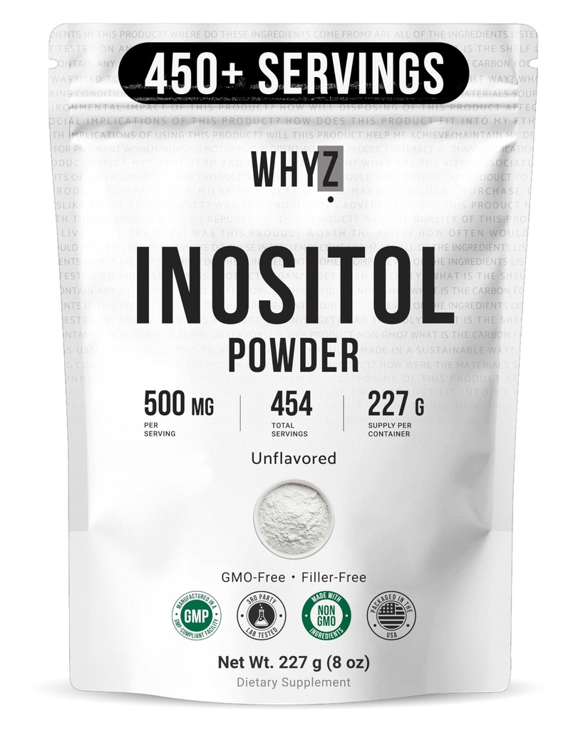 Myo-Inositol Powder 8oz, Natural Myo Inositol Supplement för äggstocksstöd, fertilitet och hormonbalans, ren inositolpulver, Myo-Inositol Supplement för energi, hjärnhälsa, 454 portioner